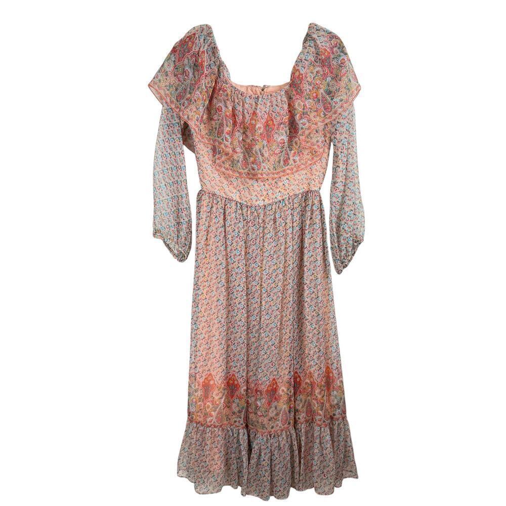 Vintage Victor Costa Floral Boho Gypsy Paisley Ruffle Dress Multicolor 10